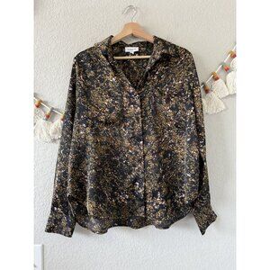 Evereve Elegant Black and Gold Floral Button-Down Shirt